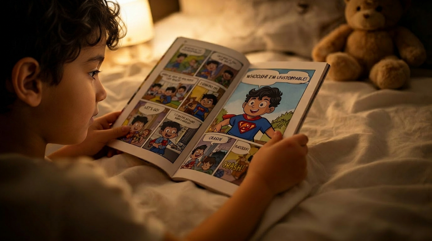 A child reading their personalized comic book at bedtime, illuminated by a warm nightlight, with a teddy bear nearby.